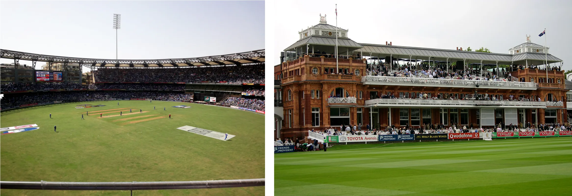 Figure 5: Wankhede Stadium (left) and Lord&#x27;s Cricket Ground (right). The difference in the outfield is clear from these photos, both taken at under the same lighting conditions.
