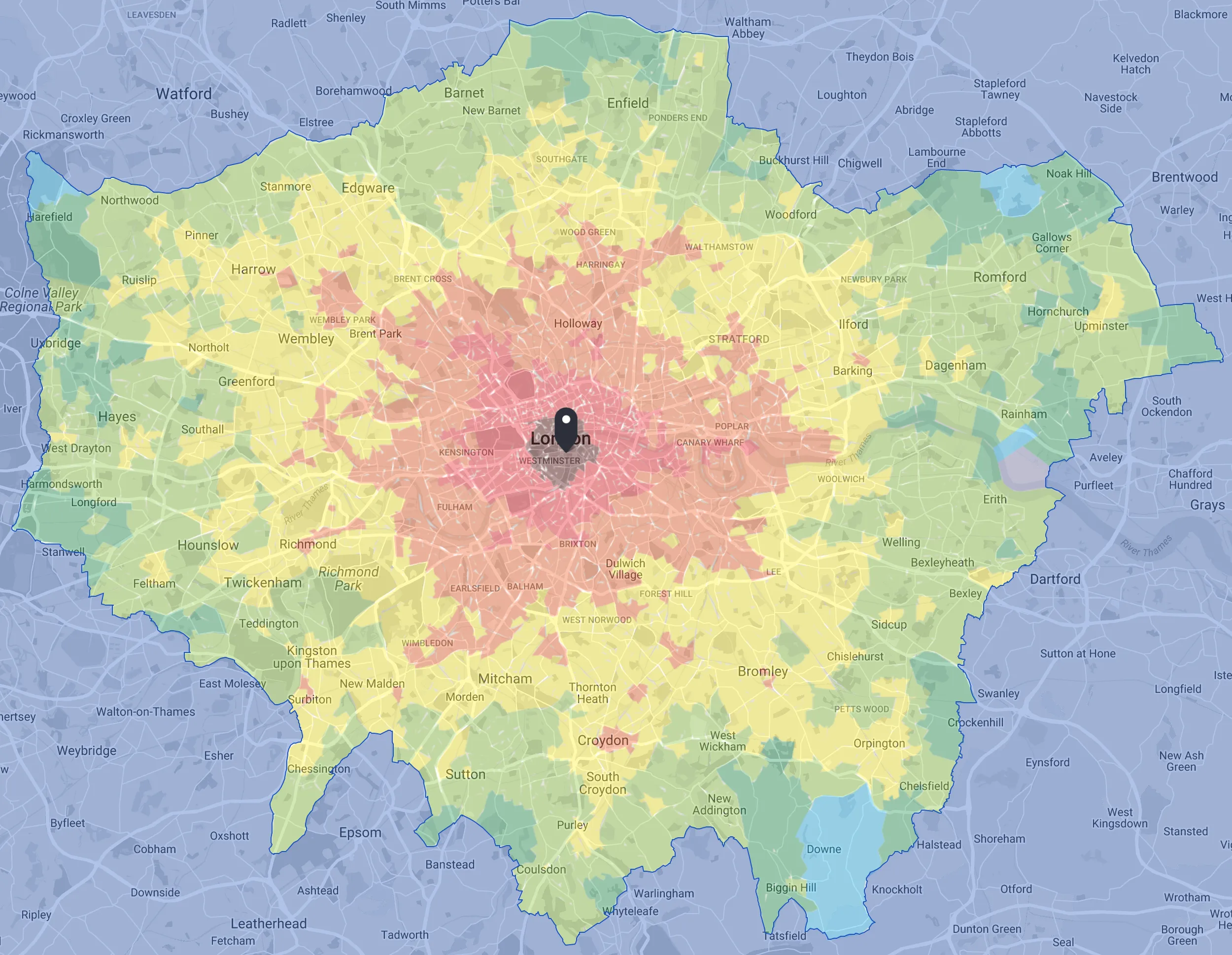 It is sometimes quicker to travel farther out due to transport links between certain locations. Above is a travel time map from Westminster, London (generated using TfL WebCAT) Key: Brown/Red/Orange — 0–45 minutes, Yellow — 45–60 minutes, Dark/Light Green — 60–90 minutes